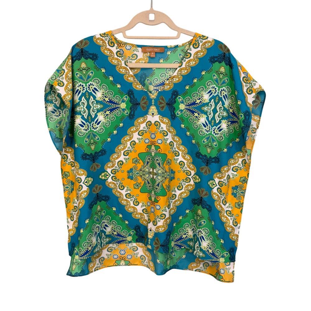 Ellen Tracy Cover Up Top M Blue Green Paisley Kaftan High Low V-Neck Swimwear